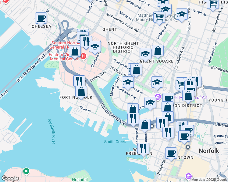 map of restaurants, bars, coffee shops, grocery stores, and more near 570 Mowbray Arch in Norfolk