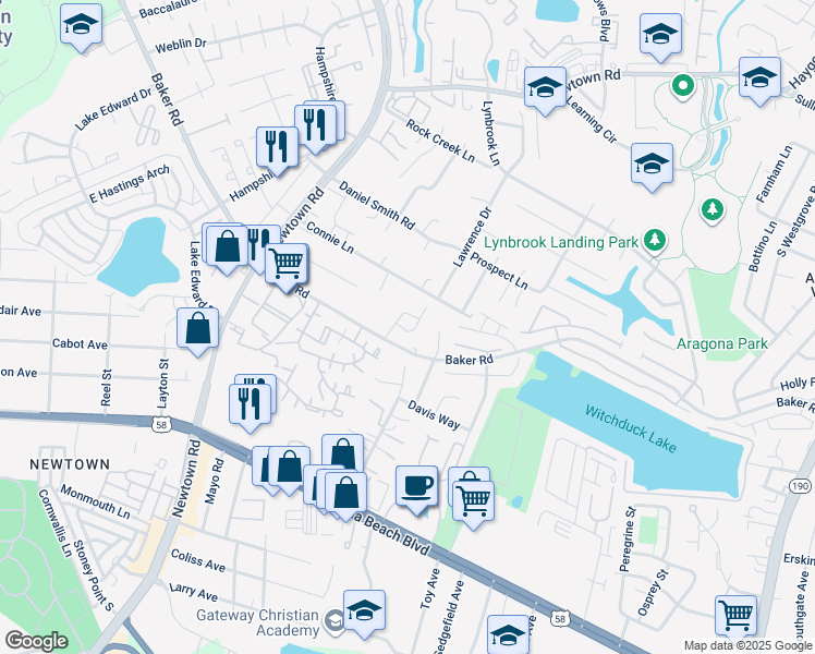 map of restaurants, bars, coffee shops, grocery stores, and more near 504 Baker Road in Virginia Beach
