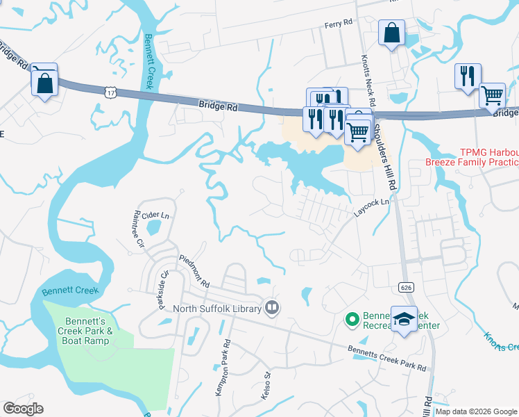 map of restaurants, bars, coffee shops, grocery stores, and more near 2219 Tuliptree Circle in Suffolk