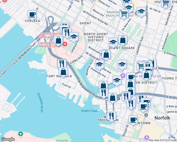 map of restaurants, bars, coffee shops, grocery stores, and more near 570 Mowbray Arch in Norfolk