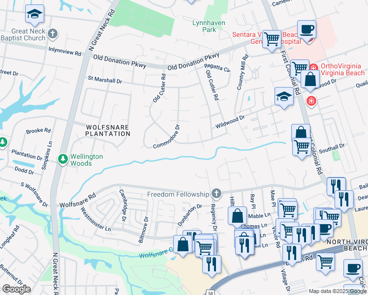 map of restaurants, bars, coffee shops, grocery stores, and more near 905 Old Cutler Road in Virginia Beach