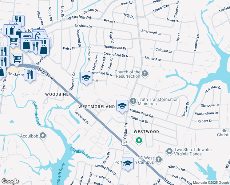 map of restaurants, bars, coffee shops, grocery stores, and more near 5016 Pinecroft Lane in Portsmouth