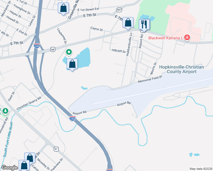 map of restaurants, bars, coffee shops, grocery stores, and more near Airport Rd in Hopkinsville