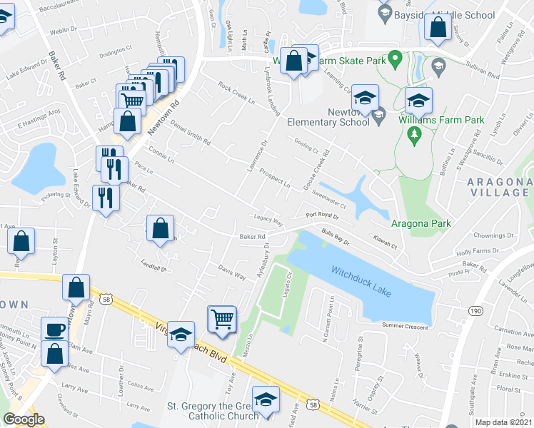 map of restaurants, bars, coffee shops, grocery stores, and more near 5448 Connie Lane in Virginia Beach