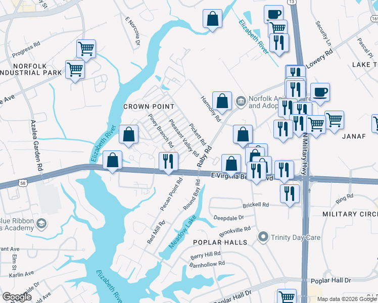 map of restaurants, bars, coffee shops, grocery stores, and more near 5379 Wyngate Drive in Norfolk