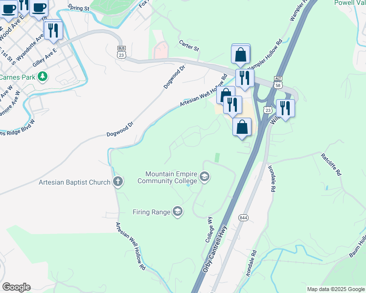 map of restaurants, bars, coffee shops, grocery stores, and more near 1954 Oak Mountain Road in Big Stone Gap