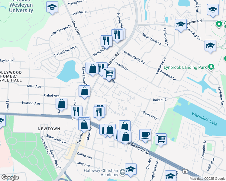 map of restaurants, bars, coffee shops, grocery stores, and more near 5628 Summit Arch in Virginia Beach