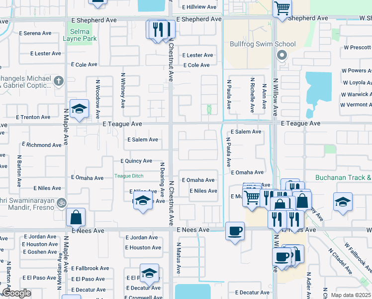 map of restaurants, bars, coffee shops, grocery stores, and more near 8373 North Saffron Court in Fresno