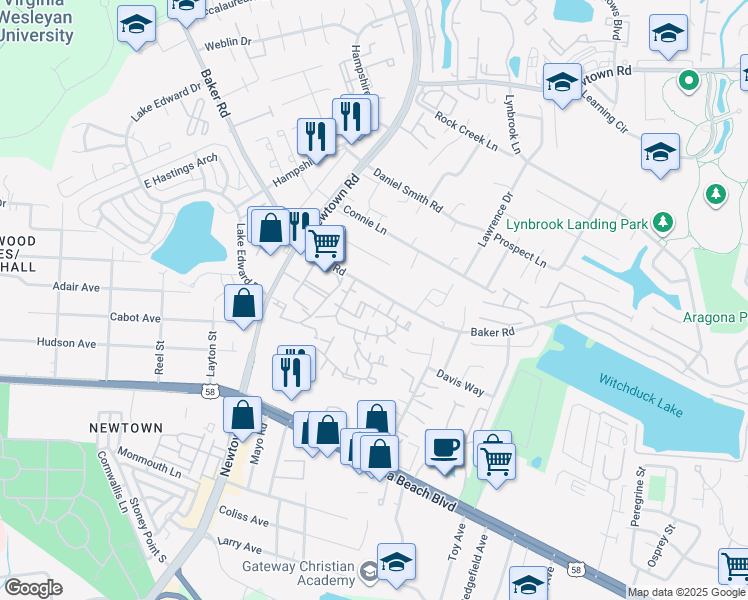 map of restaurants, bars, coffee shops, grocery stores, and more near 502 Wharf Court in Virginia Beach