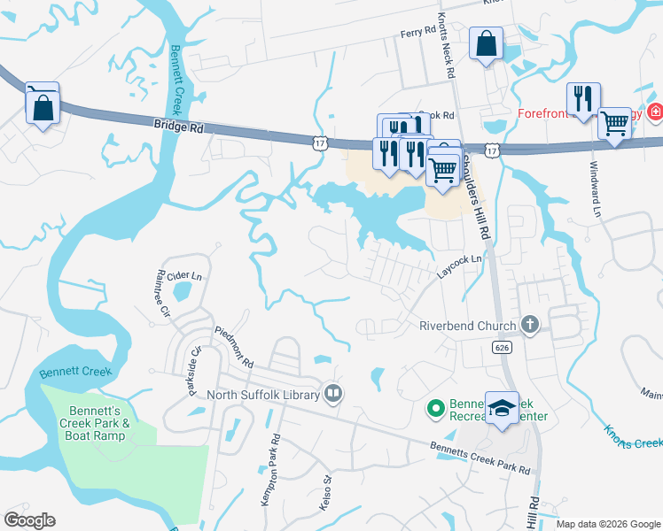 map of restaurants, bars, coffee shops, grocery stores, and more near 2219 Tuliptree Circle in Suffolk