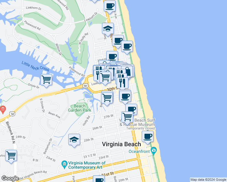 map of restaurants, bars, coffee shops, grocery stores, and more near 332 30th Street in Virginia Beach