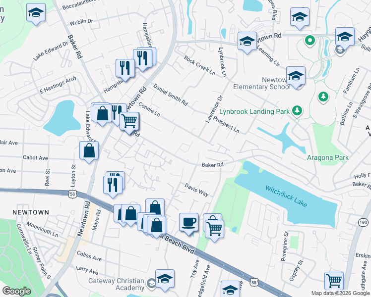map of restaurants, bars, coffee shops, grocery stores, and more near 516 Baker Road in Virginia Beach