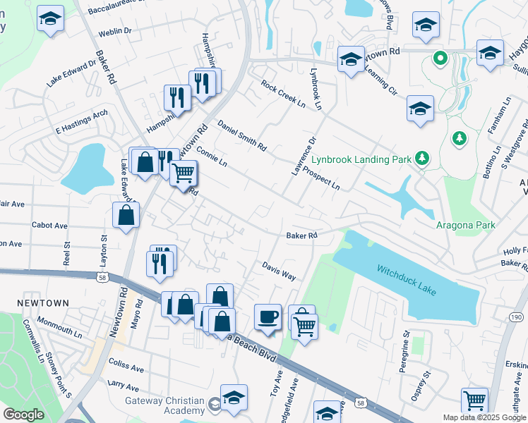 map of restaurants, bars, coffee shops, grocery stores, and more near 604 Revival Lane in Virginia Beach