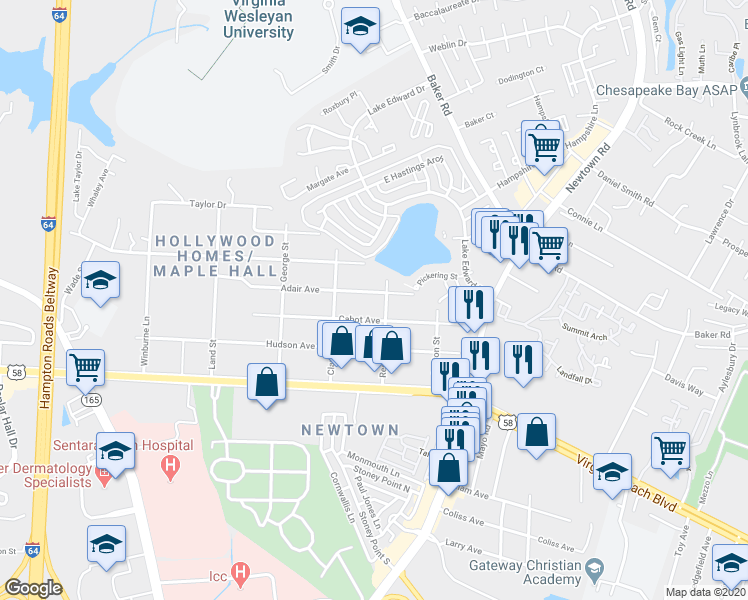map of restaurants, bars, coffee shops, grocery stores, and more near 6528 Adair Avenue in Norfolk