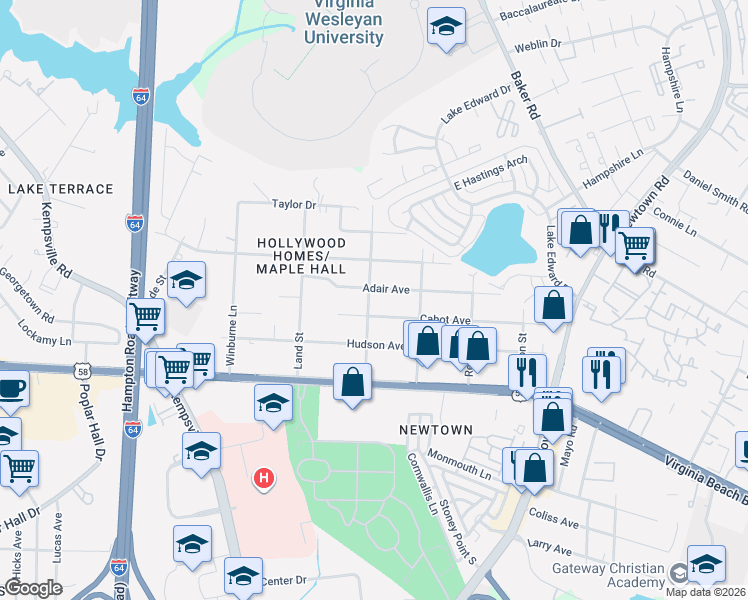 map of restaurants, bars, coffee shops, grocery stores, and more near 6411 Adair Avenue in Norfolk