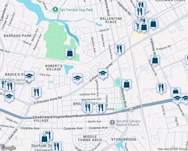 map of restaurants, bars, coffee shops, grocery stores, and more near 1437 Merrimac Avenue in Norfolk