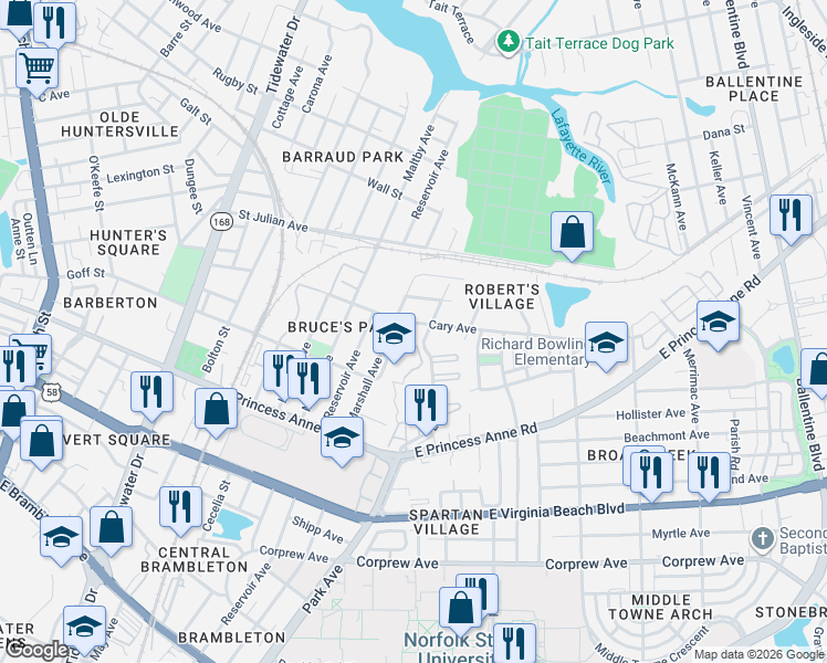 map of restaurants, bars, coffee shops, grocery stores, and more near 1356 Marshall Avenue in Norfolk