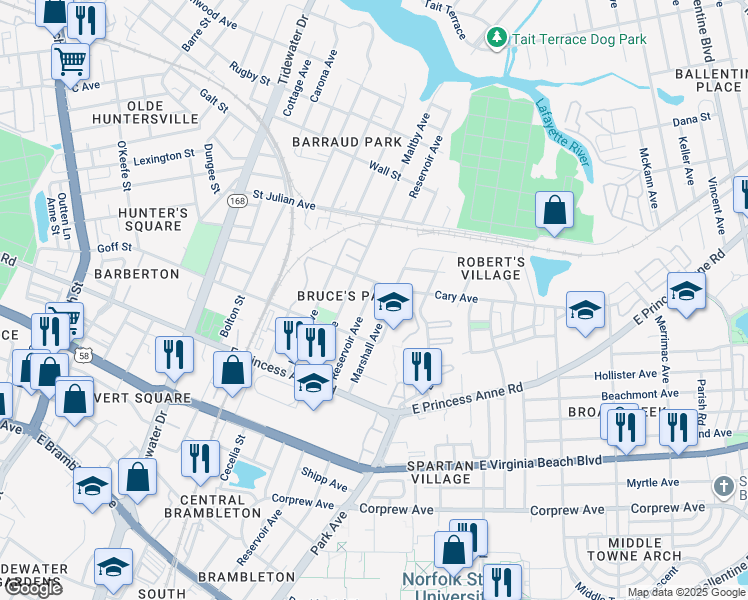 map of restaurants, bars, coffee shops, grocery stores, and more near in Norfolk