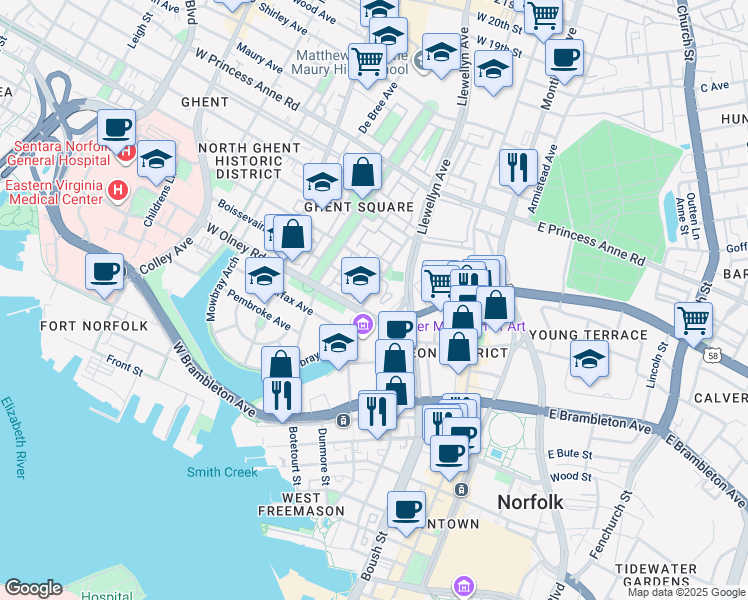 map of restaurants, bars, coffee shops, grocery stores, and more near 619 Mowbray Arch in Norfolk