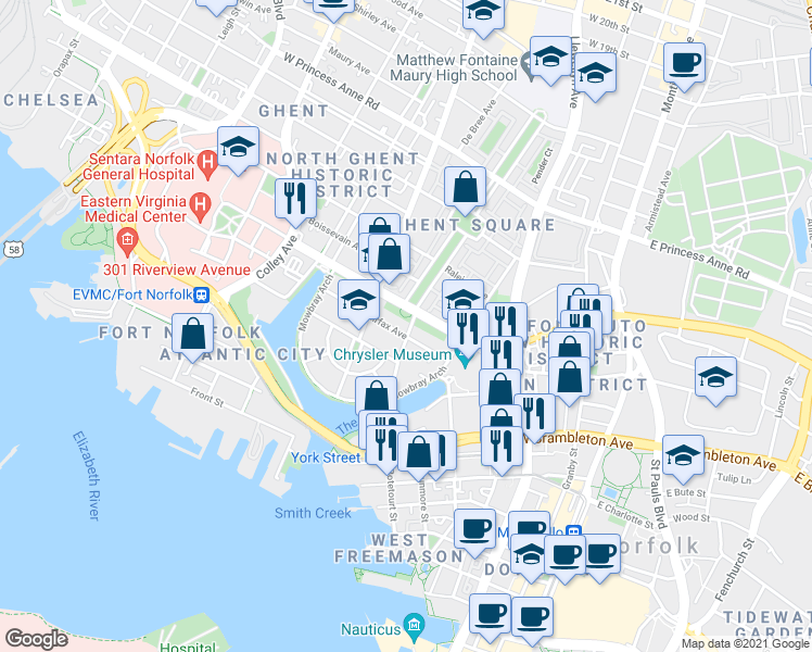 map of restaurants, bars, coffee shops, grocery stores, and more near 418 Fairfax Avenue in Norfolk