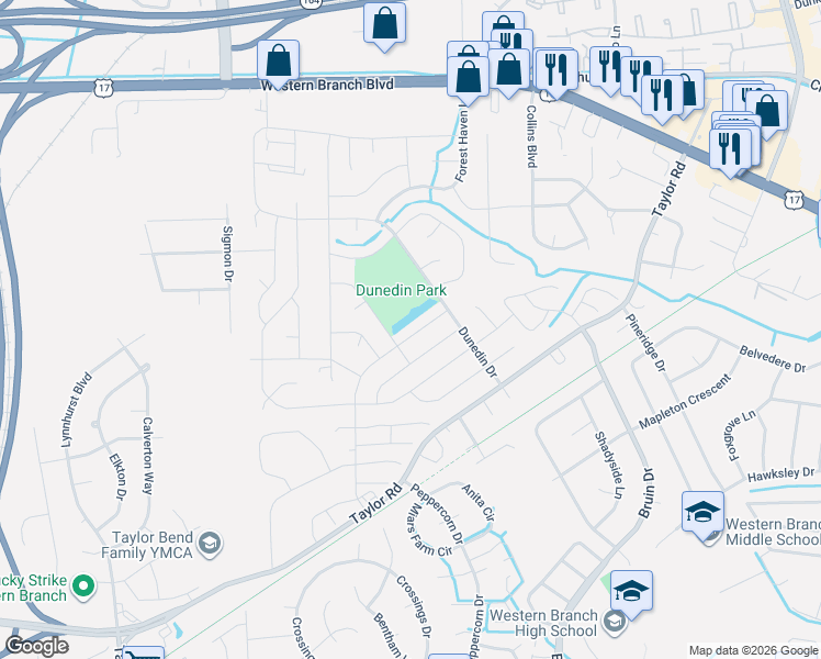 map of restaurants, bars, coffee shops, grocery stores, and more near 3108 Bangor Drive in Chesapeake