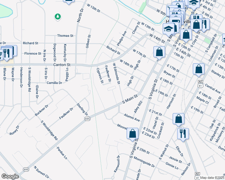 map of restaurants, bars, coffee shops, grocery stores, and more near 299 Thornton Court in Hopkinsville