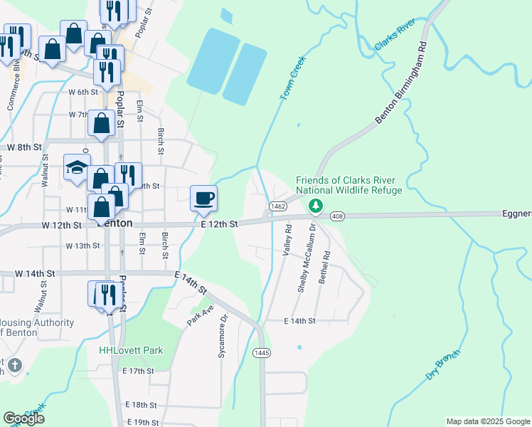 map of restaurants, bars, coffee shops, grocery stores, and more near 9 Benton Birmingham Road in Benton
