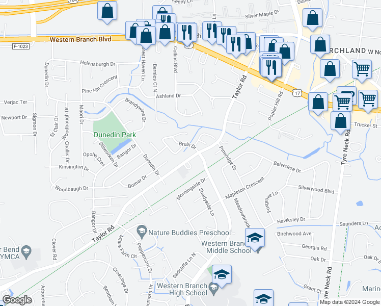 map of restaurants, bars, coffee shops, grocery stores, and more near 4240 Taylor Road in Chesapeake