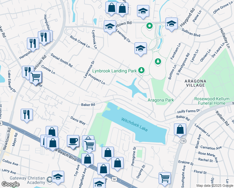 map of restaurants, bars, coffee shops, grocery stores, and more near Pawleys Arch in Virginia Beach