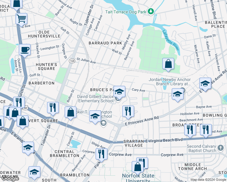 map of restaurants, bars, coffee shops, grocery stores, and more near 1340 Reservoir Avenue in Norfolk