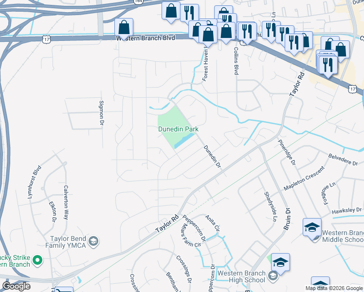 map of restaurants, bars, coffee shops, grocery stores, and more near 3108 Bangor Drive in Chesapeake