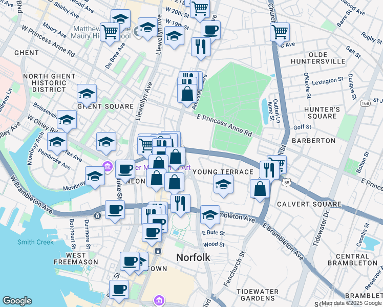 map of restaurants, bars, coffee shops, grocery stores, and more near 211 East Virginia Beach Boulevard in Norfolk