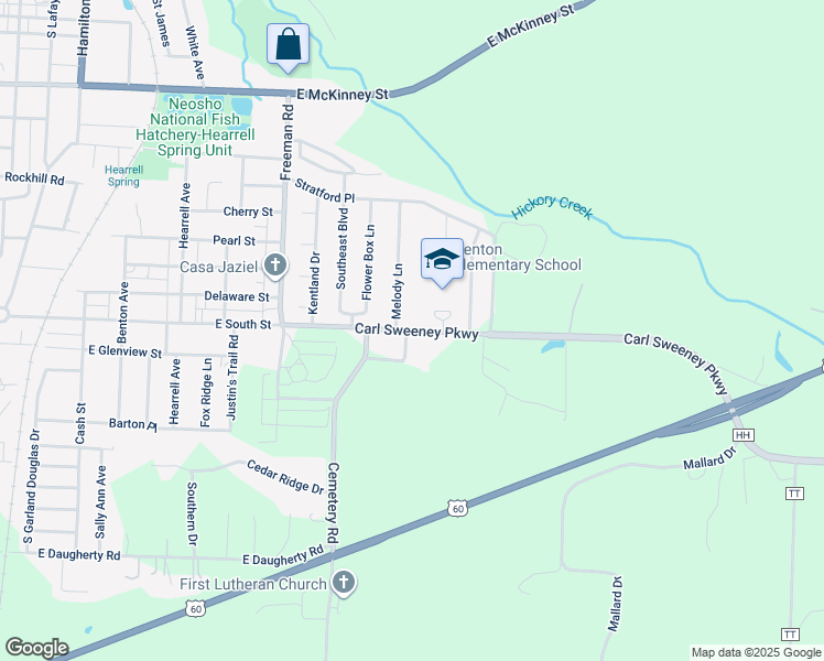 map of restaurants, bars, coffee shops, grocery stores, and more near 1120 Carl Sweeney Parkway in Neosho