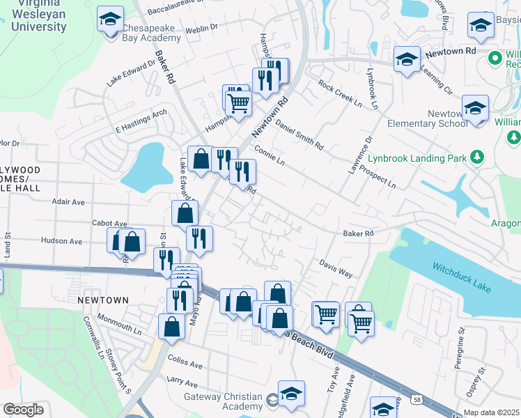 map of restaurants, bars, coffee shops, grocery stores, and more near 503 Summit Court in Virginia Beach