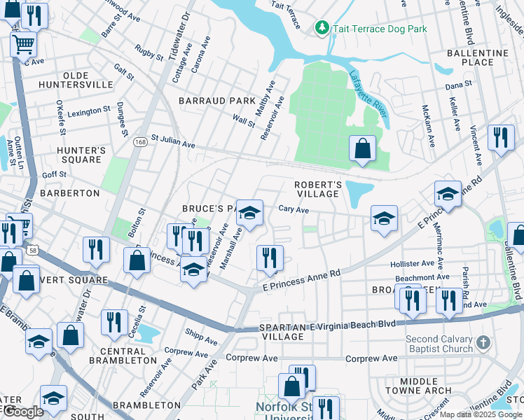 map of restaurants, bars, coffee shops, grocery stores, and more near 1521 Cary Avenue in Norfolk