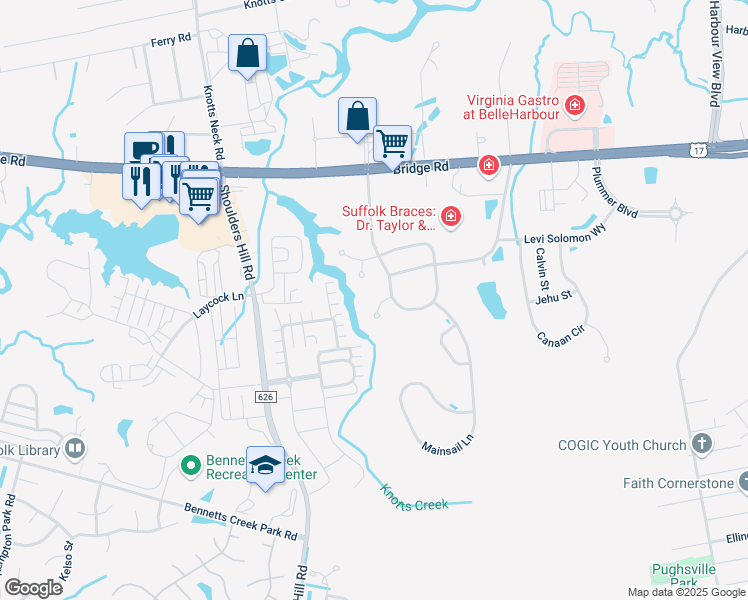 map of restaurants, bars, coffee shops, grocery stores, and more near 5004 Topsail Court in Suffolk