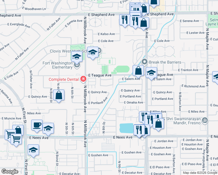 map of restaurants, bars, coffee shops, grocery stores, and more near 1148 East Richmond Avenue in Fresno