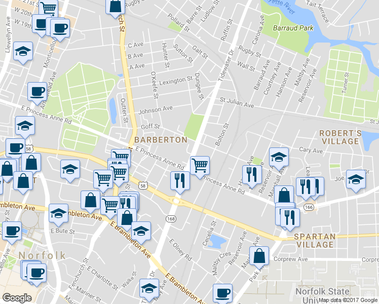map of restaurants, bars, coffee shops, grocery stores, and more near 1257 Tidewater Drive in Norfolk