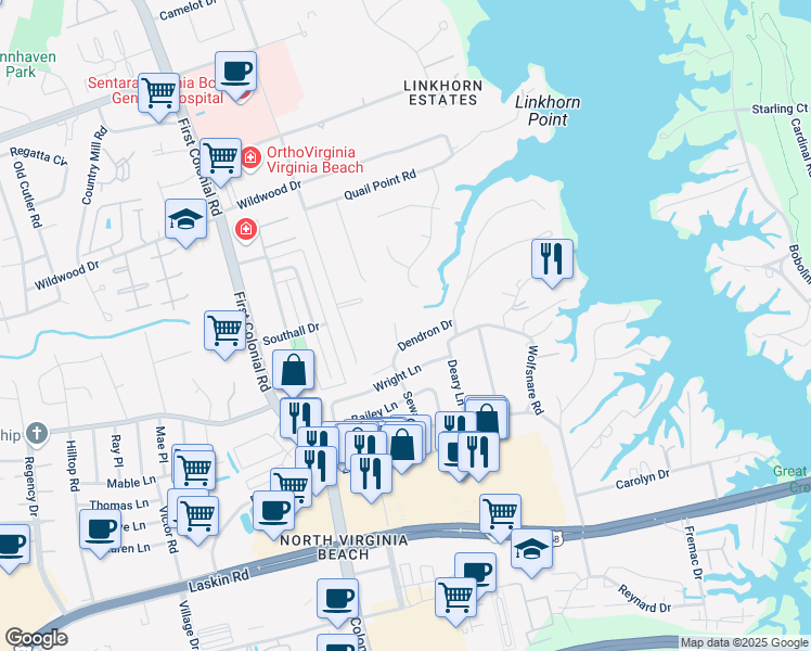 map of restaurants, bars, coffee shops, grocery stores, and more near 912 Old Dominion Lane in Virginia Beach