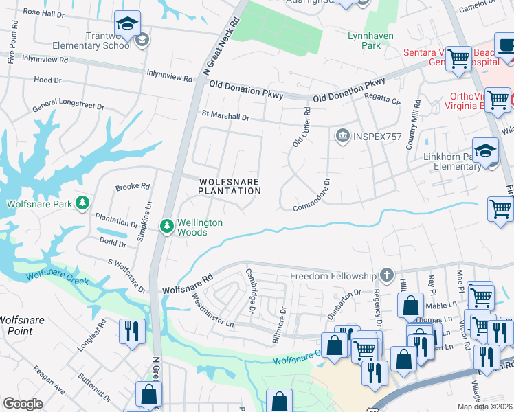 map of restaurants, bars, coffee shops, grocery stores, and more near 805 Duke of Suffolk Drive in Virginia Beach