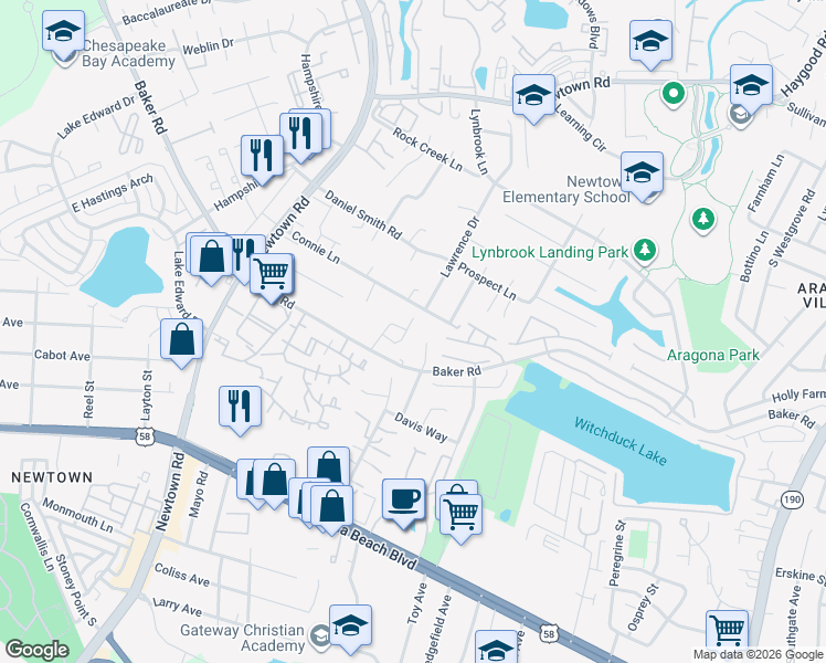 map of restaurants, bars, coffee shops, grocery stores, and more near 504 Baker Road in Virginia Beach