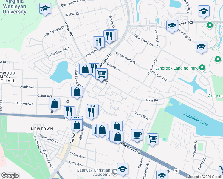 map of restaurants, bars, coffee shops, grocery stores, and more near 513 Summit Court in Virginia Beach