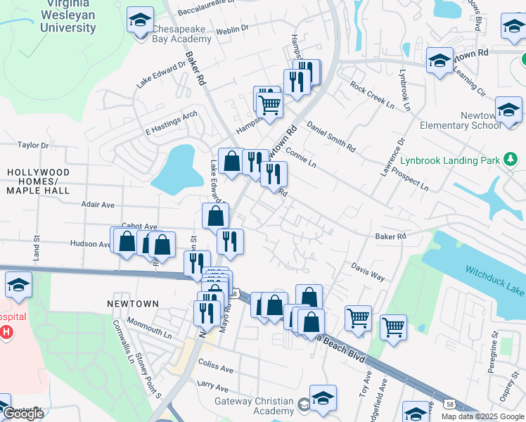 map of restaurants, bars, coffee shops, grocery stores, and more near 544 Newtown Road in Virginia Beach