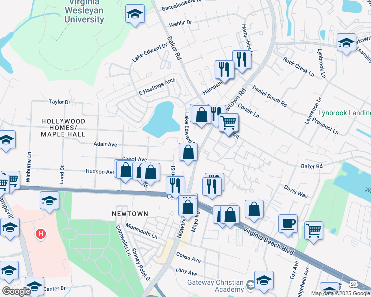 map of restaurants, bars, coffee shops, grocery stores, and more near 601 Lake Edward Drive in Virginia Beach