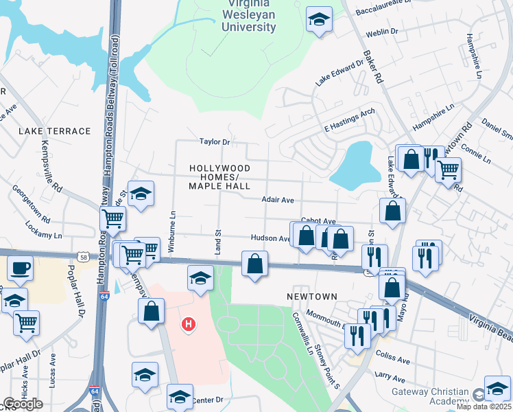 map of restaurants, bars, coffee shops, grocery stores, and more near 6345 Adair Avenue in Norfolk