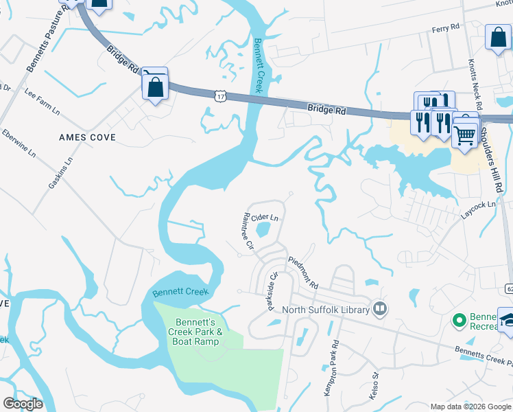 map of restaurants, bars, coffee shops, grocery stores, and more near 3439 Raintree Circle in Suffolk