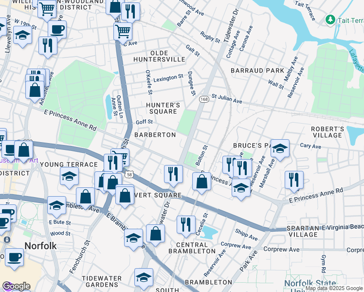 map of restaurants, bars, coffee shops, grocery stores, and more near 1257 Tidewater Drive in Norfolk