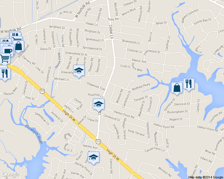 map of restaurants, bars, coffee shops, grocery stores, and more near 3416 Freemason Drive in Portsmouth