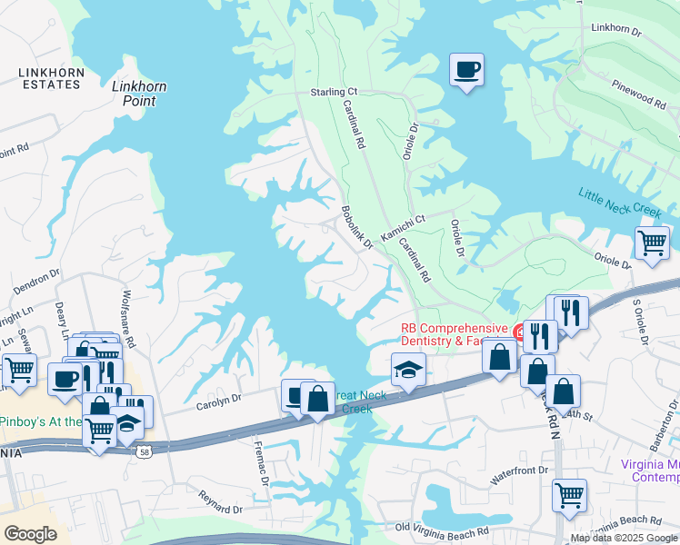 map of restaurants, bars, coffee shops, grocery stores, and more near 1308 Penguin Circle in Virginia Beach