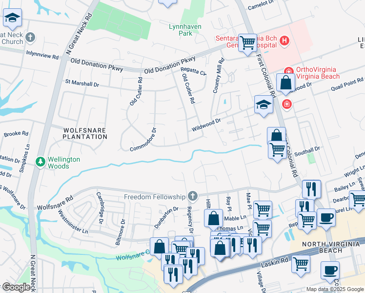 map of restaurants, bars, coffee shops, grocery stores, and more near 808 Navigator Court in Virginia Beach